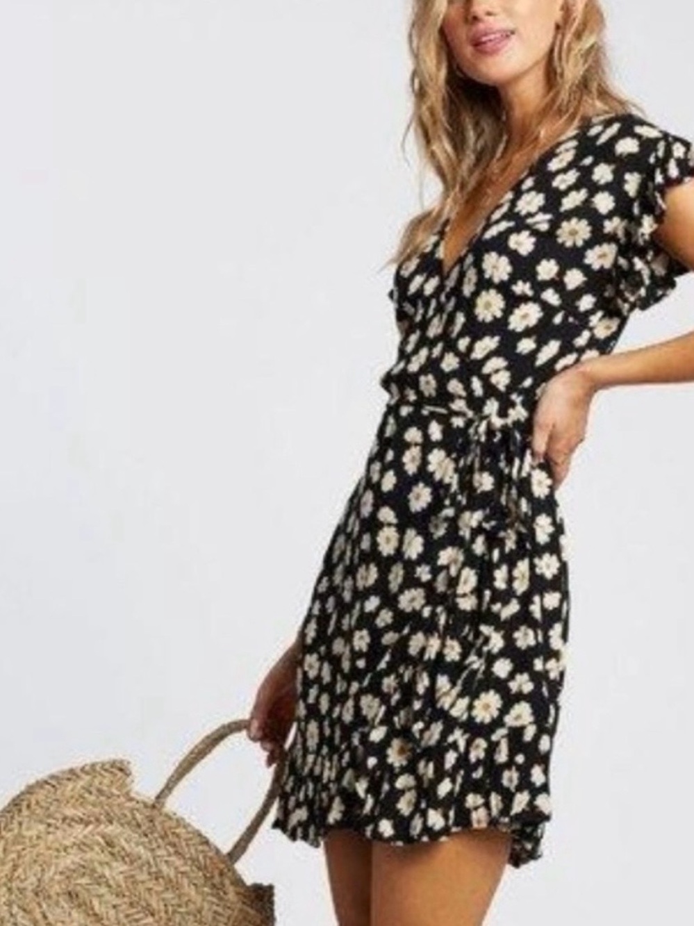 Billabong Black Floral Daisy Wrap Dress